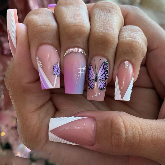 Butterfly Barbie Medium Square Pink Spring Press On Nails