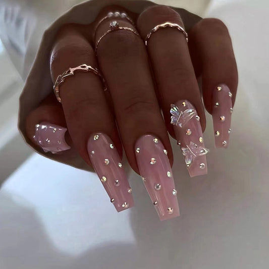 Barbie Studs Long Coffin Beige Butterfly Press On Nails