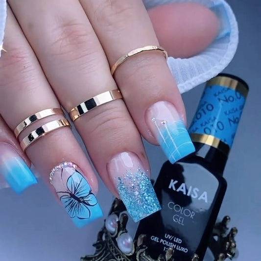 Doing This Right Medium Square Blue Floral Press On Nails