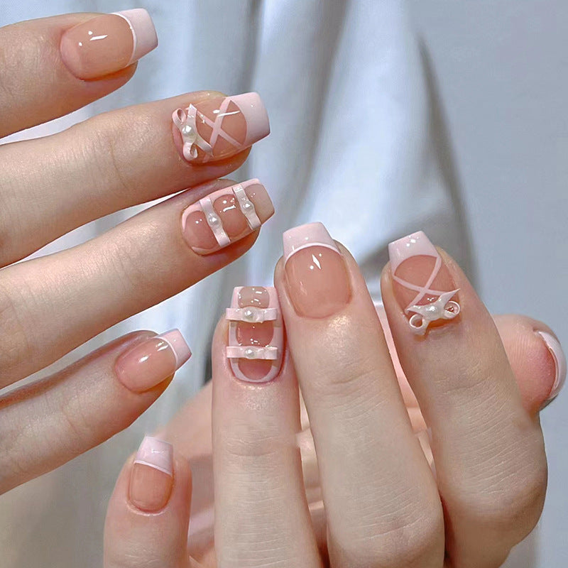 Class A Short Square Pink Bows Press On Nails