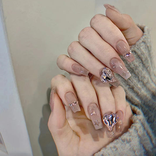 Chunky Hearts Long Coffin Pink Studded Press On Nails