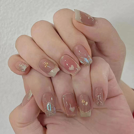 Pay Attention To Me Medium Square Beige Studded Press On Nails