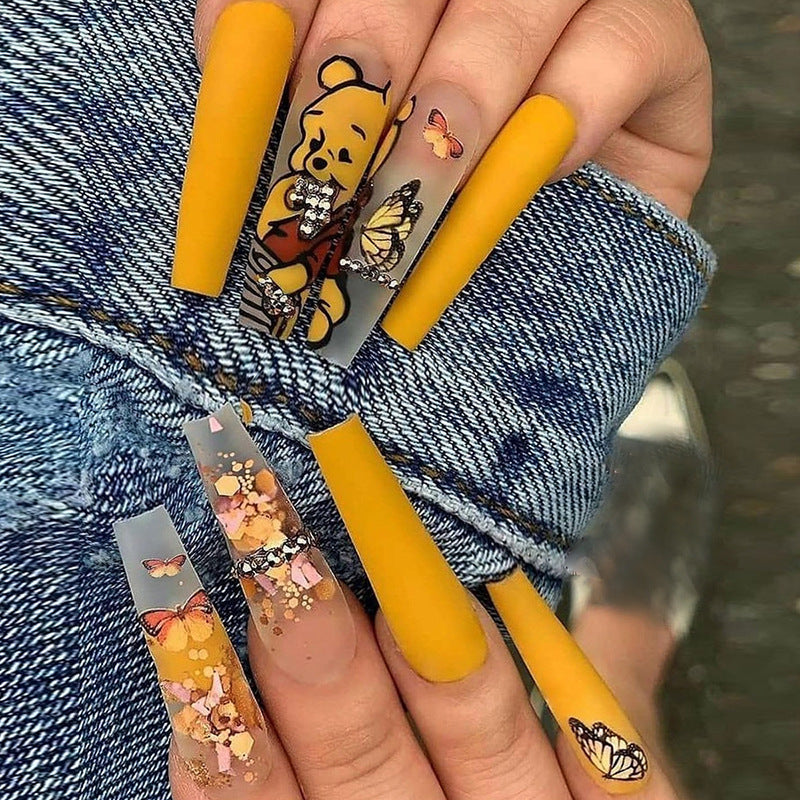 Diamond Honey Bear Long Coffin Yellow Studded Press On Nails