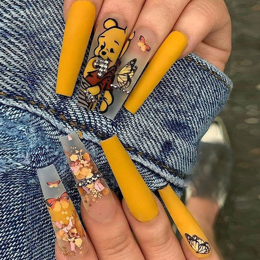 Diamond Honey Bear Long Coffin Yellow Studded Press On Nails