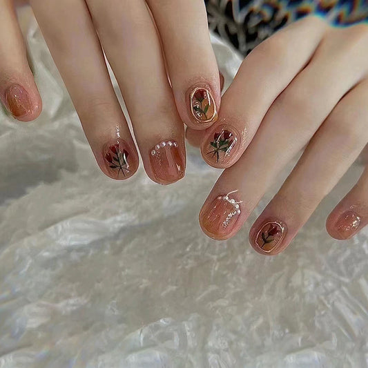 Beast Rose Short Round Pink Jelly Press On Nails