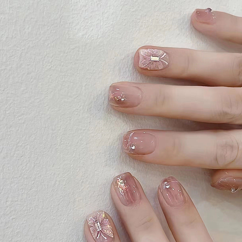 Crystallized Butterfly Short Square Beige Glam Press On Nails