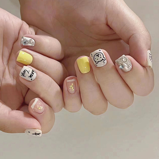 Lucky In Life Short Square Yellow Studded Press On Nails