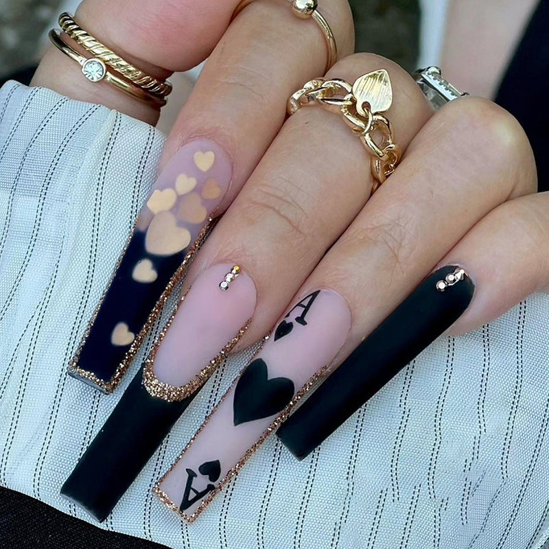 The Ace Long Coffin Black Glam Press On Nails