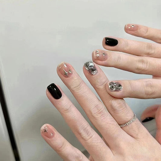 What Time Is It Short Square Black Studded Press On Nails