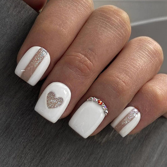 Heart Cutout Short Square White Everyday Press On Nails