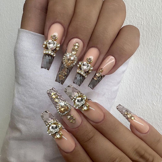 Diamonds Gems And Riches Long Coffin Silver Studded Press On Nails