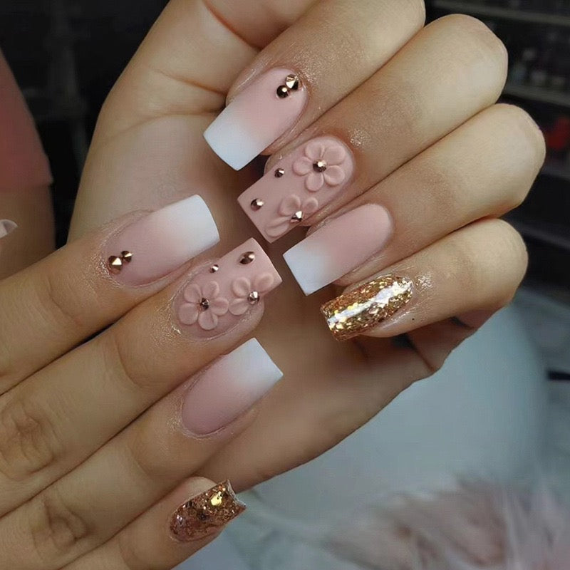 Please Hold Medium Square Pink Beige Press On Nails