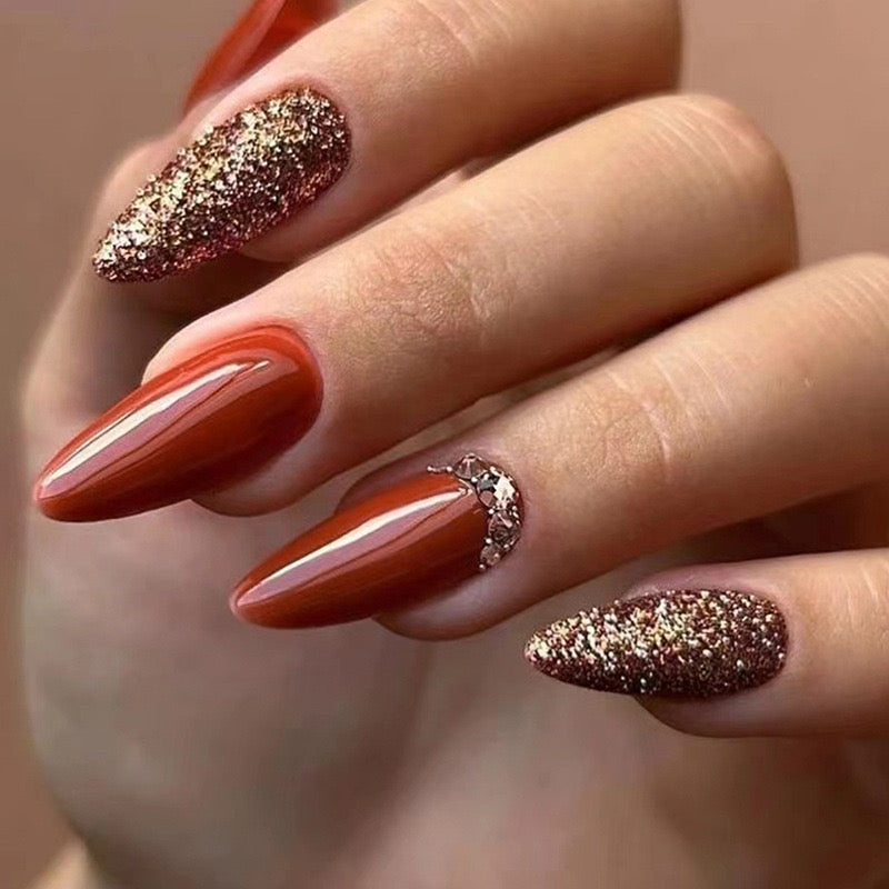 Sweet Caramel Jewels Medium Almond Brown Glitter Press On Nails