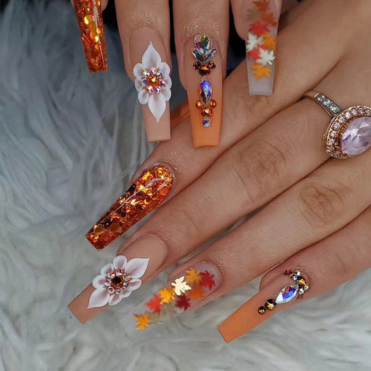 Autumn Elegance Extra-Long Coffin Press-On Nails in Gradient Orange with Floral and Jewel Accents