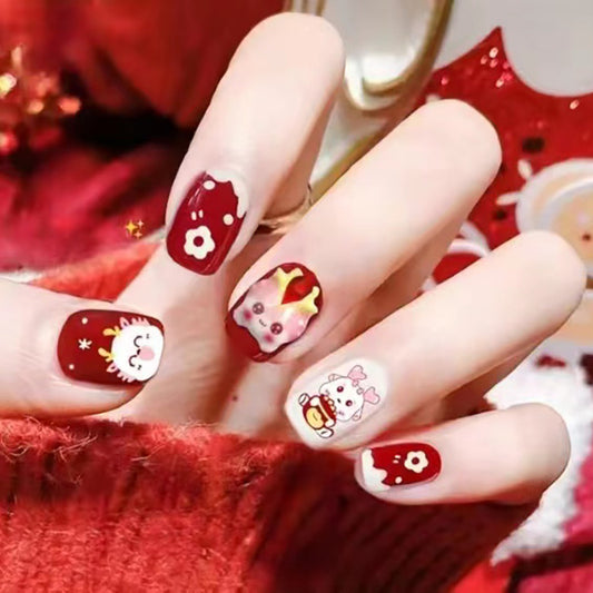 Whimsical Winter Short Squoval Red Press-On Nail Set with Playful Cartoon Characters and Floral Accents