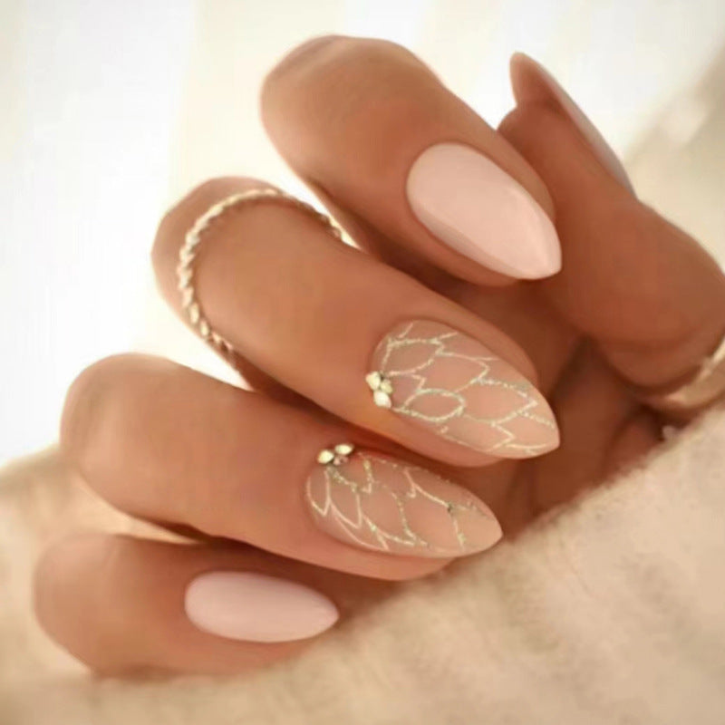 Elegant Bridal Bliss Medium Almond Blush Pink Press On Nail Set with Embellished Accent Designs