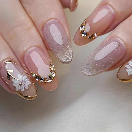 Golden Blossom Long Almond Beige Press On Nails with Glitter Accents and 3D Flower Rhinestone Embellishments