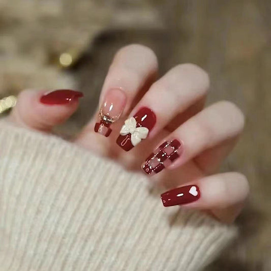 Vintage Vino Medium Coffin Burgundy Press On Nails with Bejeweled Accents and Floral Design