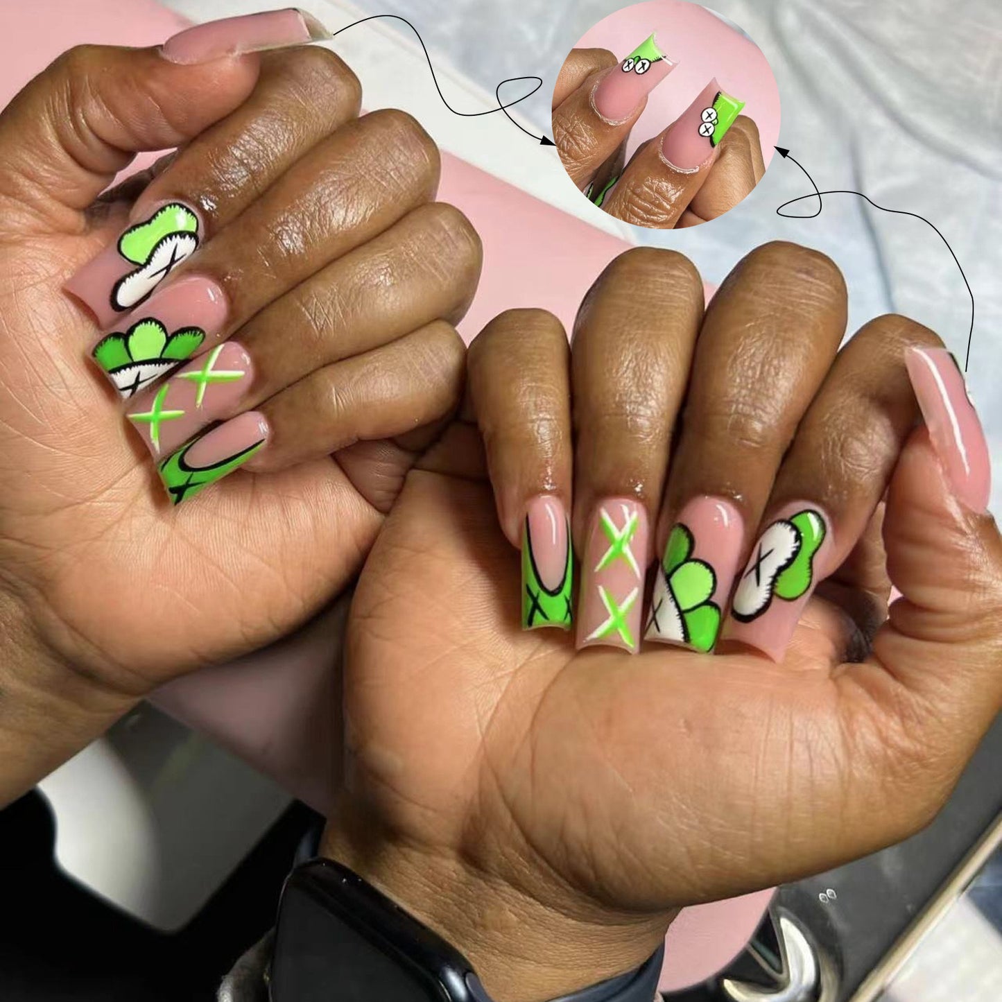 Spring Blossom Long Square Pink and Green Press On Nail Set with Floral Accents