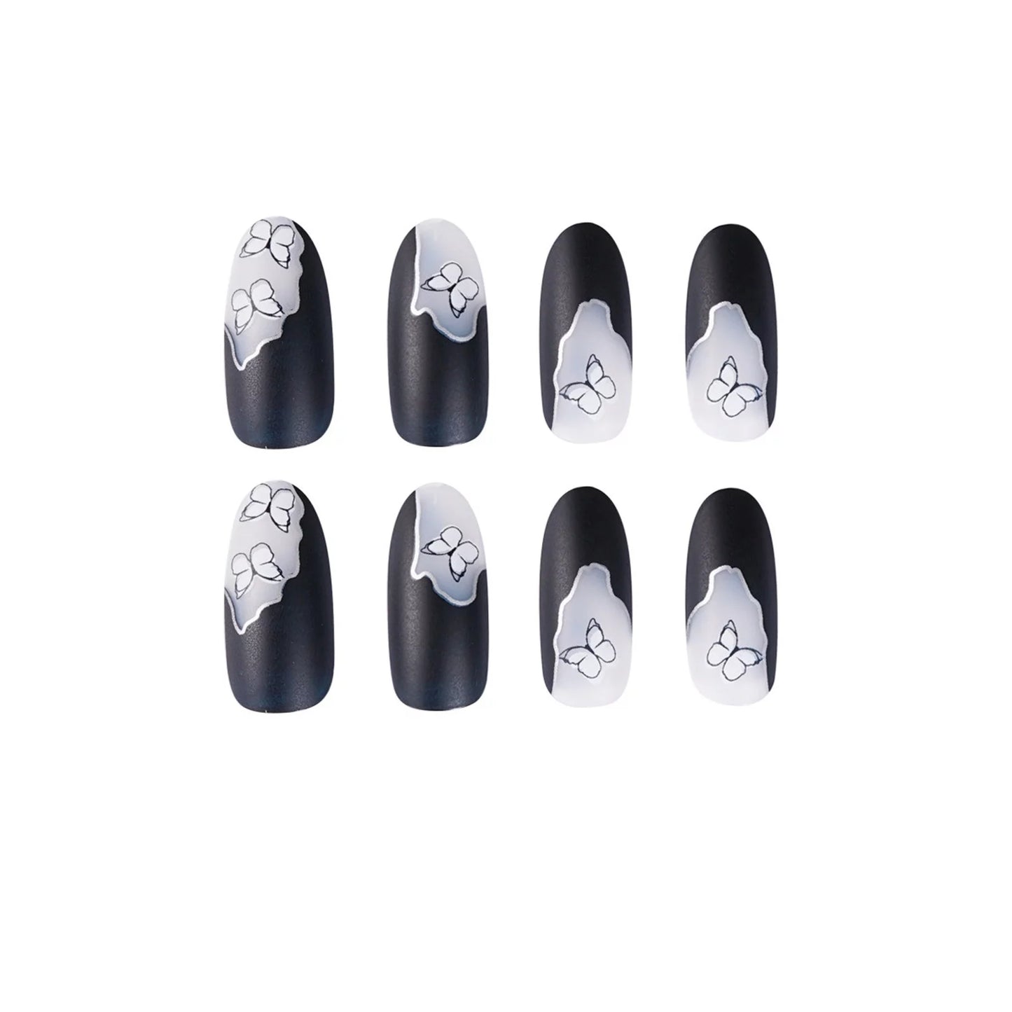 Butterfly Gold Long Oval Black Abstract Press On Nails