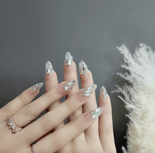 Let's Get Expensive Long Almond Silver Astrology Press On Nails