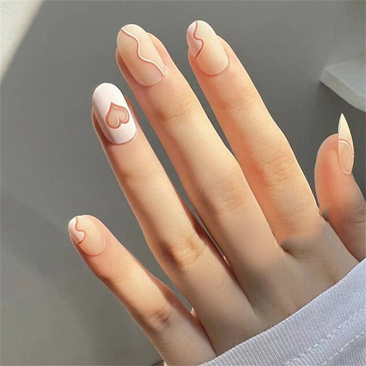 Whisper Please Short Oval Beige Pattern Press On Nails