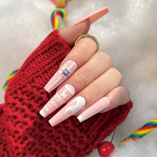 Pastel Holiday Long Coffin Pink Holiday Press On Nails