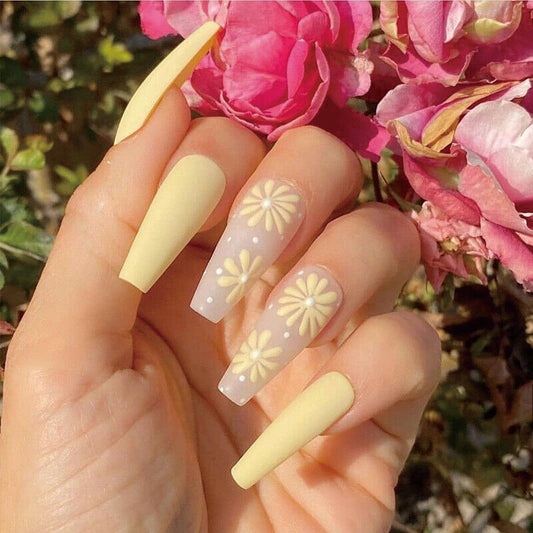 Start With Me Long Coffin Yellow Summer Press On Nails