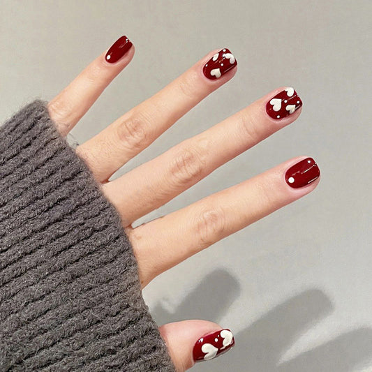 Burgundy Bliss Short-Length Square Press On Nails with White Abstract Art Design