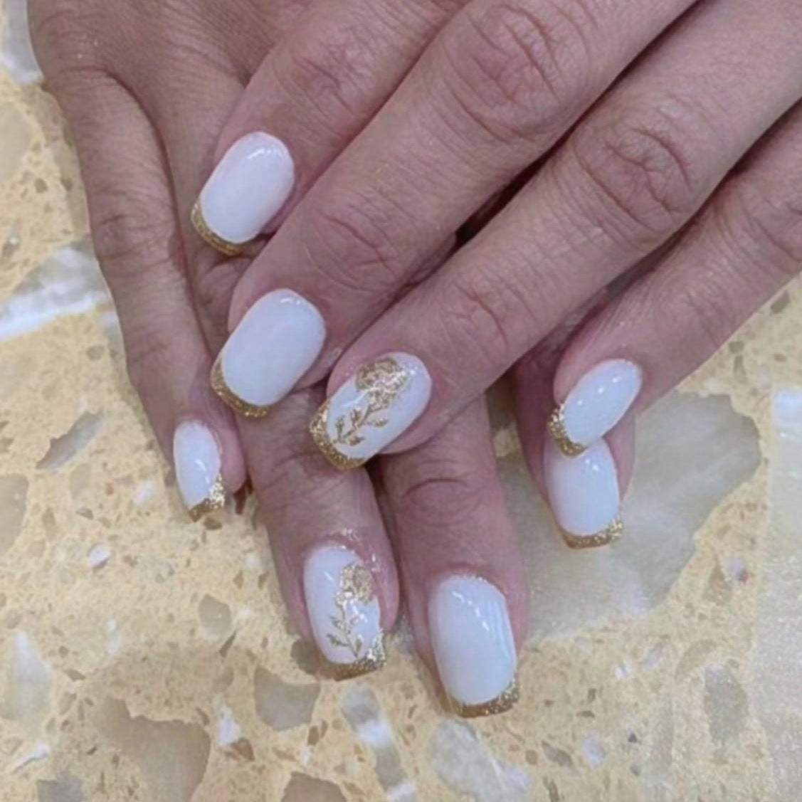 Elegant Bridal Collection Medium Squoval White Press-On Nails with Gold Accent and Floral Detail