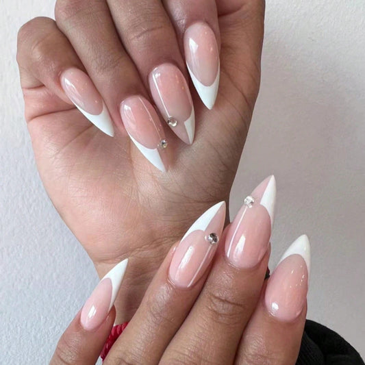 Elegant Bridal Collection Medium Stiletto Pink and White Ombre Press On Nail Set with Rhinestone Accents