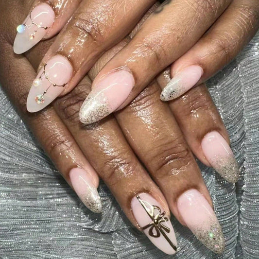 Enchanted Elegance Medium Almond Pale Pink Press On Nails with Glitter Accents and Rhinestones