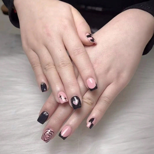 Chic Romance Short Square Black and Pink Press On Nail Set with Unique Love & Hearts Design