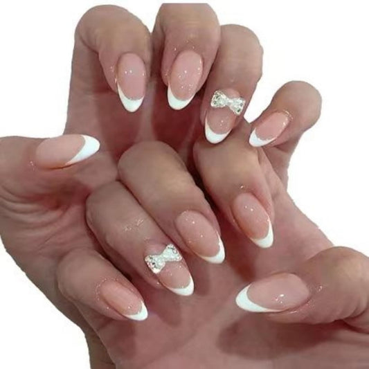 Elegant Bridal Medium Almond-shaped Pink and White Ombre Press On Nail Set with Glitter Accent