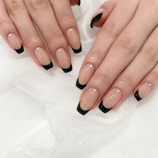 Elegant Evening Medium Coffin Black and Beige Press On Nail Set with Rhinestone Accents