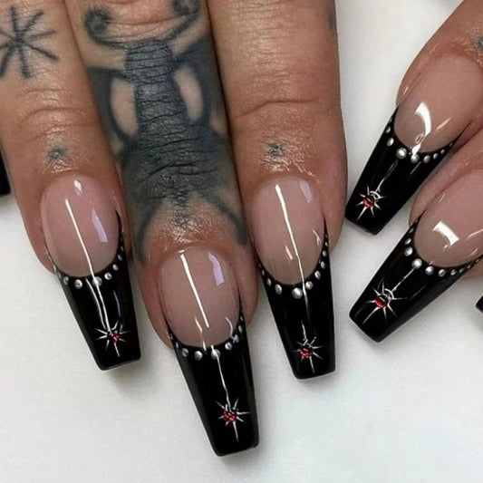 Gothic Glamour Long Coffin Black and Beige Press On Nail Set with Rhinestone Accents