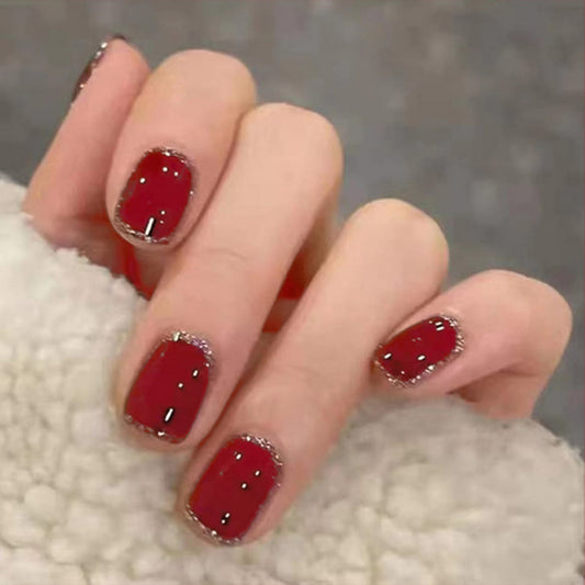 Elegant Evening Wine Red Short-Length Square Press On Nails with Glitter Accents