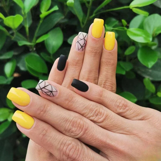 Tropical Sunshine Medium Square Yellow and Black Press On Nails with Geometric Accents