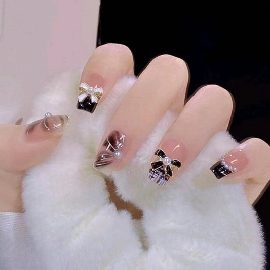 Elegant Affair Medium Square Black and Beige Press On Nail Set with Rhinestone Bows and Geometric Designs