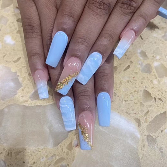 Enchanted Sky Long Coffin Baby Blue Ombre Press On Nail Set with Golden Flakes