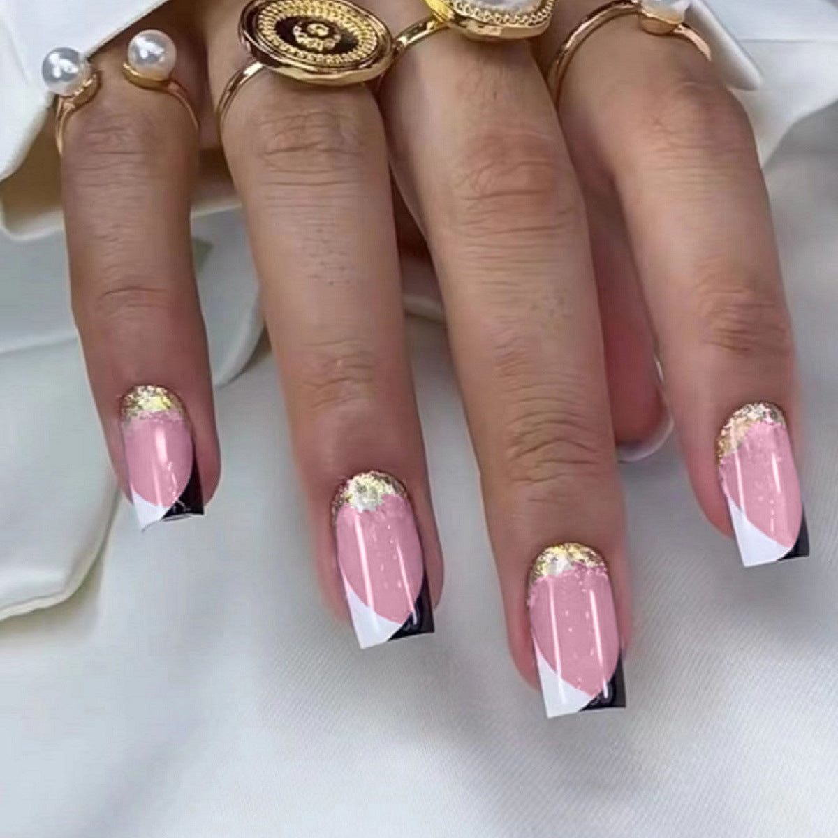 Elegant Evening Medium Square Pink and Black Press On Nail Set with Gold Glitter Accents