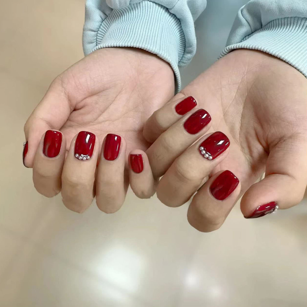 Elegant Ruby Red Short Square Press On Nail Set with Rhinestone Accents