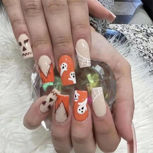 Spooky Elegance Medium Square Shape Orange and Beige Press On Nail Set with Halloween Ghost Design