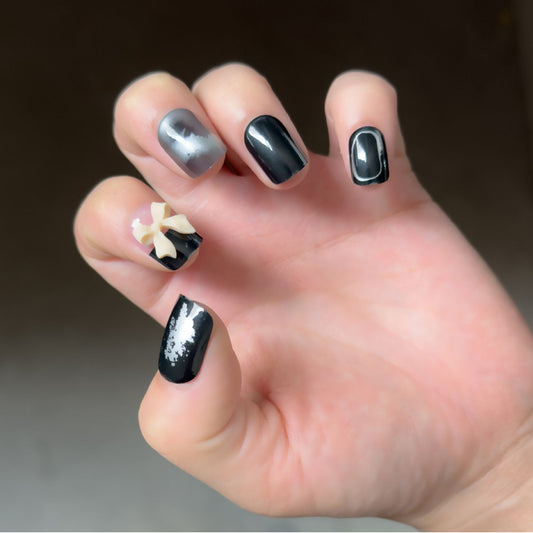 Starry Night Medium-Length Square Black and Silver Press On Nail Set with Accent Glitter Design