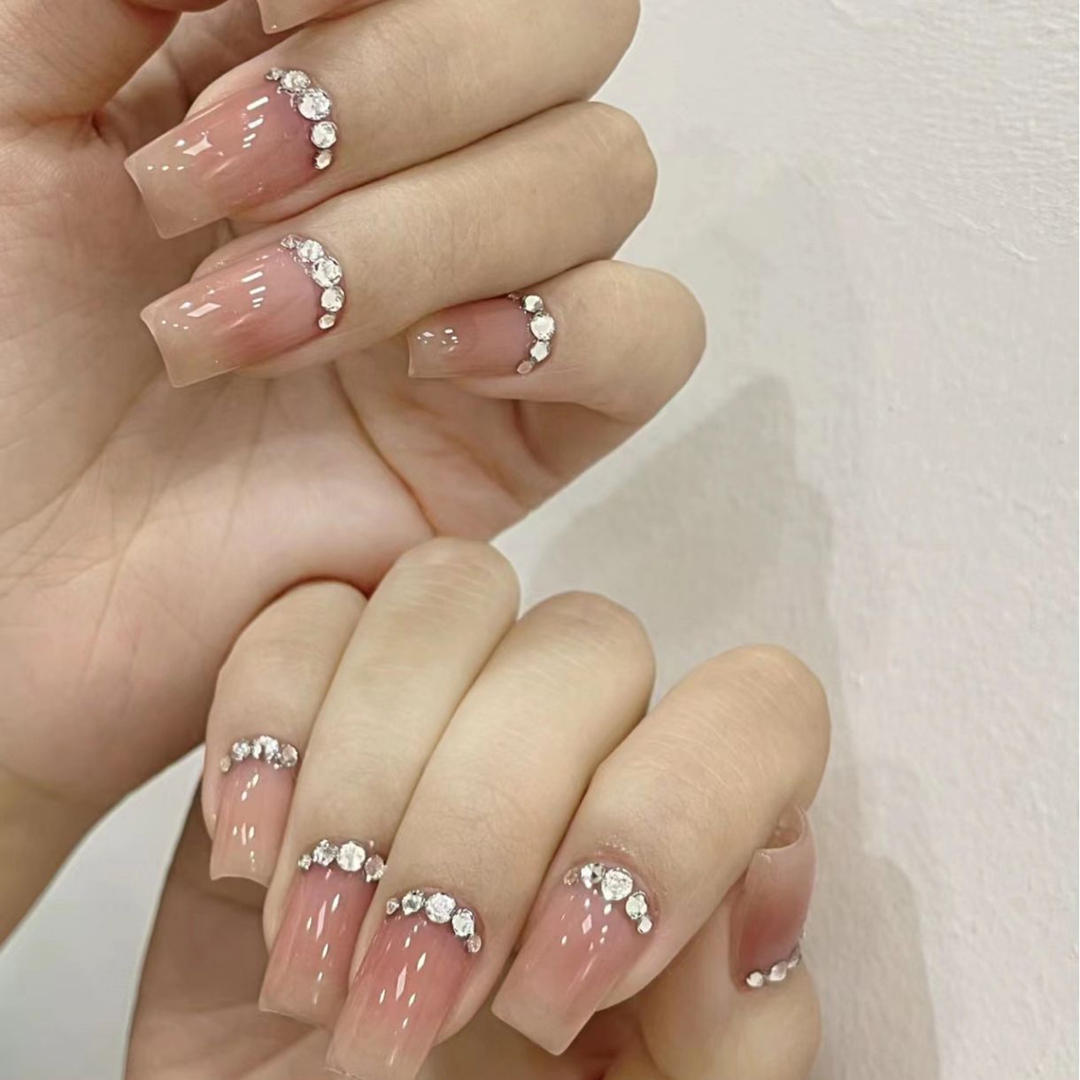 Elegant Bridal Look Long Square Beige Press On Nail Set with Rhinestone Accents