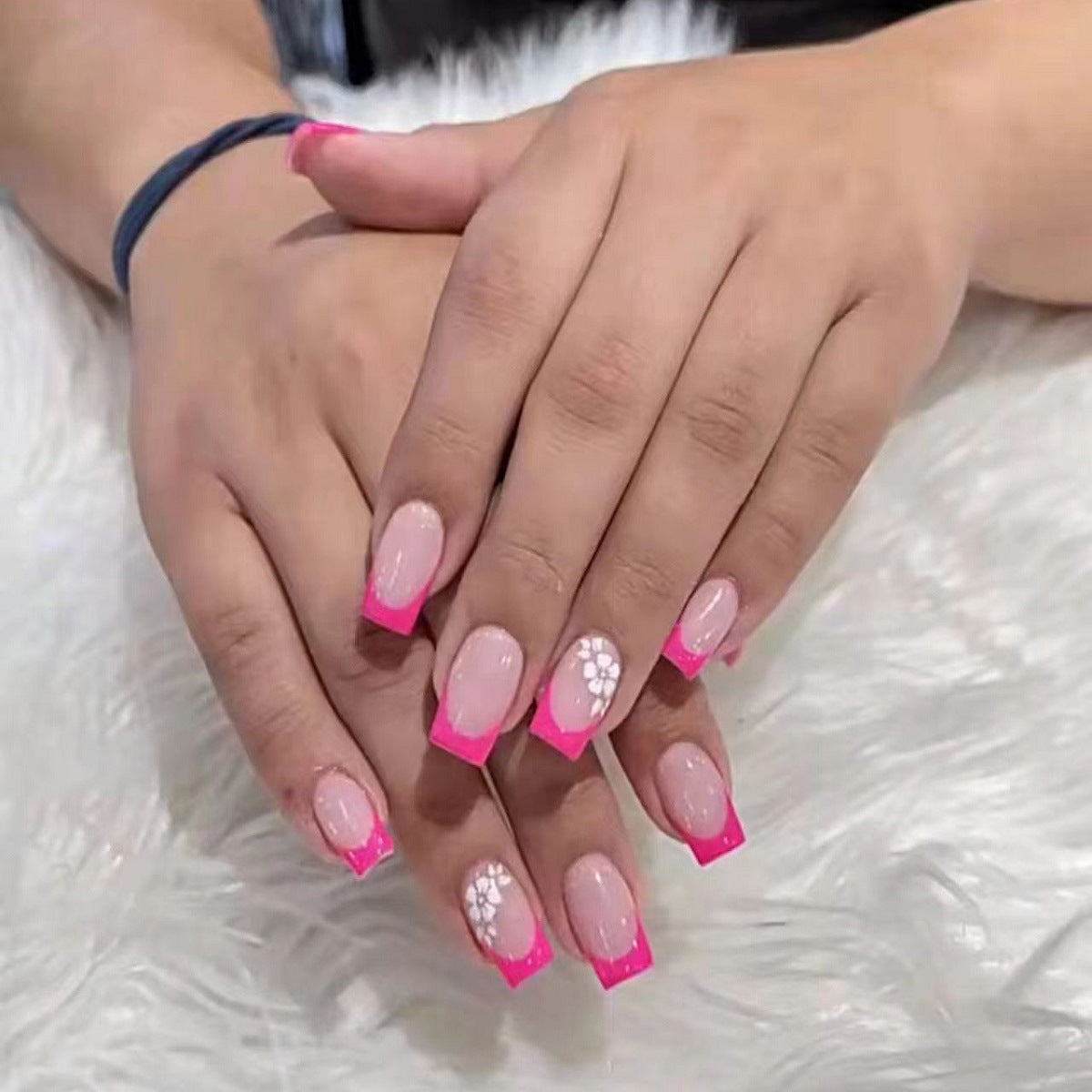 Spring Blossom Medium Square Pink Press On Nail Set with White Floral Accents