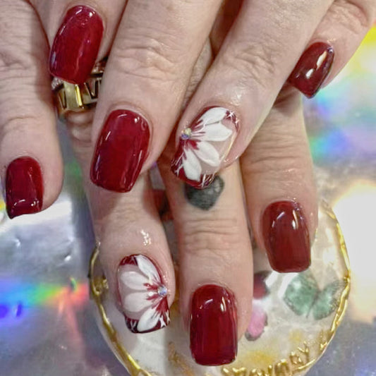 Autumn Elegance Medium Square Burgundy Press On Nail Set with Floral Accent and Rhinestone Embellishment