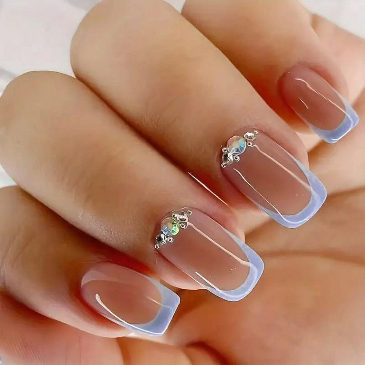 Elegant Bridal Medium Squoval Shaped Press On Nails in Beige with Blue Tips and Rhinestone Accents