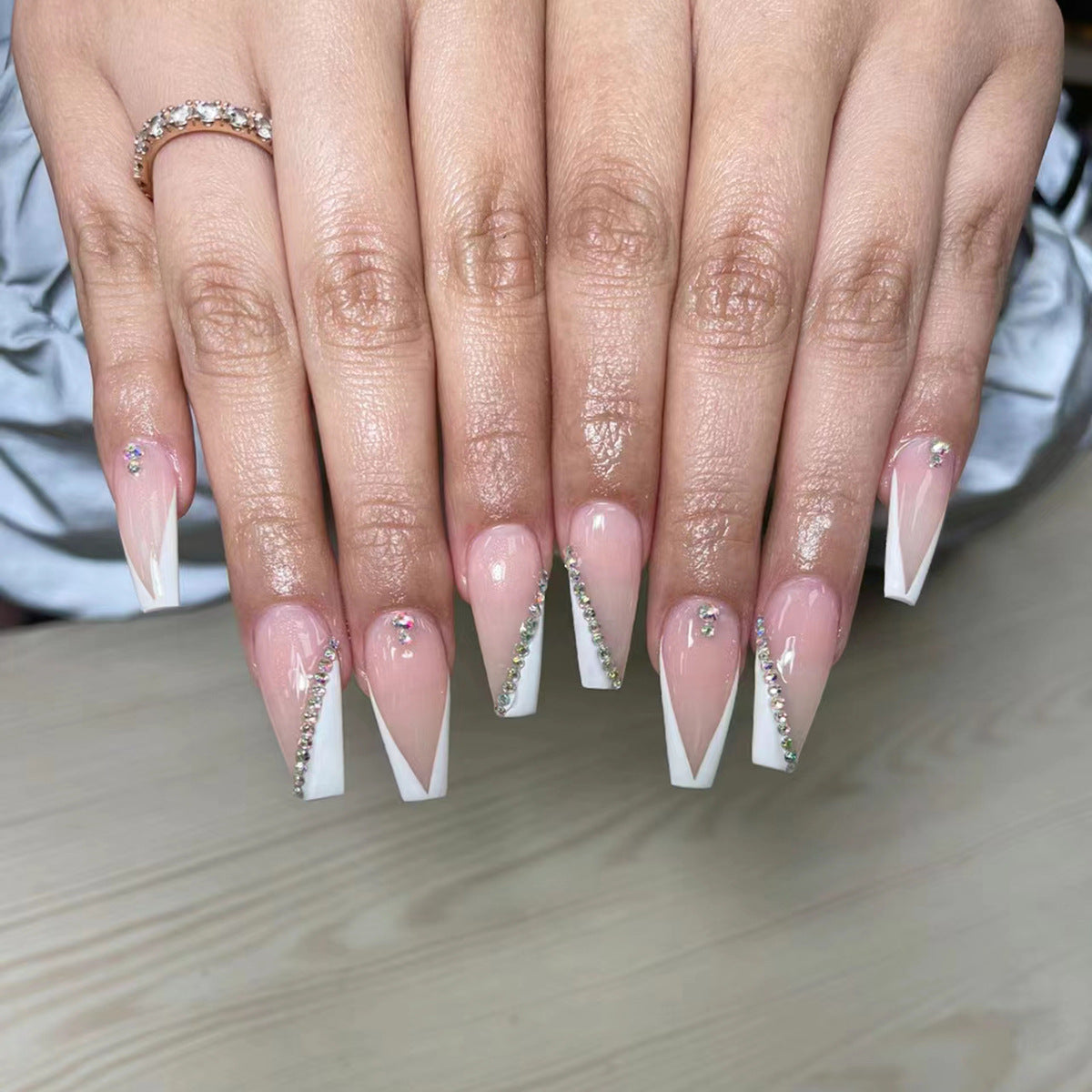 Elegant Evening Long Coffin Pink and White Ombre Press On Nail Set with Rhinestone Accents