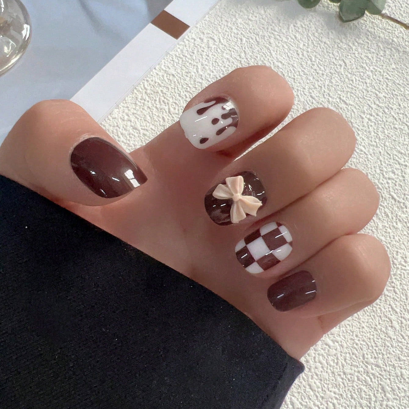 Autumn Elegance Short Squoval Brown Press On Nail Set with 3D Embellishment Detail